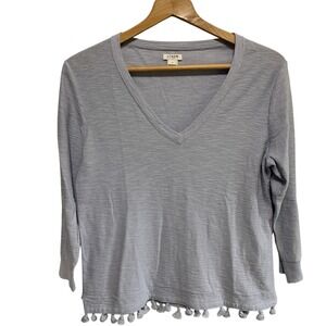 J.Crew V-Neck Top Size S Light Blue Tassel Hem Cotton Blend Slub Knit Coastal